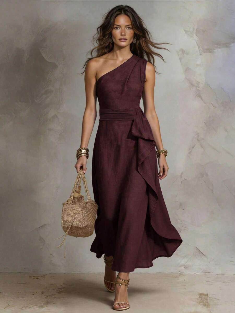 Solivie Women's Solid Color One-Shoulder Patchwork Ruffle Sleeveless Elegant Long Dress - Burgundy - View 1