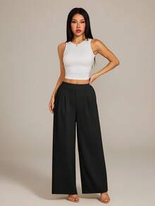 SHEIN PETITE Women's High-Waist Solid Color Pleated Wide Leg Loose Basic Casual Pants Autumn Work Office Black - Black - View 4