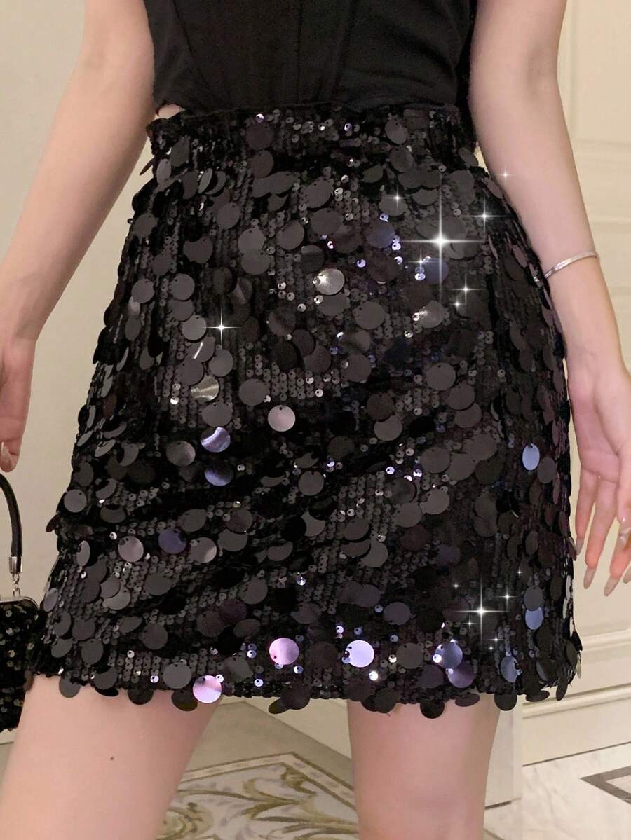 DAZY 亮片装饰半身裙,女士返校派对半身裙,秋季嘉年华半身裙 - 黑色 - 查看 1