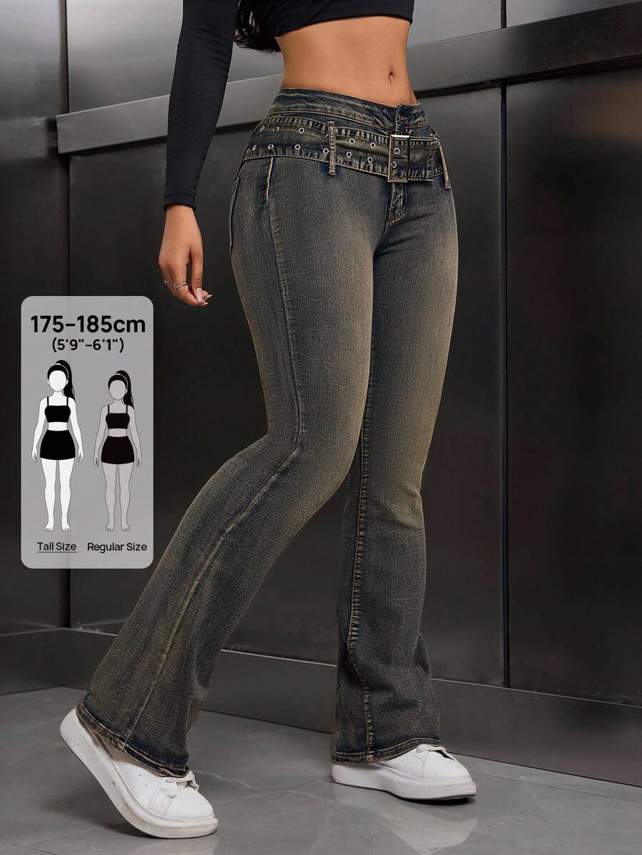 SHEIN Tall 女款前扣口袋簡約牛仔褲，休閒日常穿著，適合高個女性 - 深色水洗藍 - 查看 1