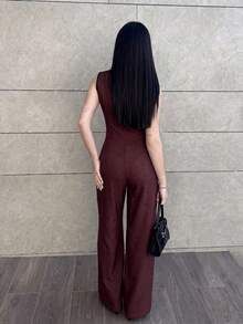Hitanina 女士优雅通勤撞色饰边背心裤套装 F，所有女士服装，返校季，教师装，优雅婚礼宾客礼服，商务休闲女装，优雅婚礼宾客礼服，复古风格女装，女士纽扣衬衫，秋冬季 - 酒紅色 - 查看 2