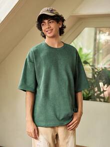 Men's Letter Print Casual Round Neck Short Sleeve T-Shirt, Suitable For Daily Wear, Spring/Summer - Green - View 7