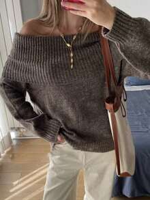 Livesso Women's Solid Color Cold Shoulder Casual French Versatile Daily Wear Long Sleeve Sweater Autumn Everyday Date Grey - Black - View 6