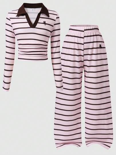 Girls' Casual Versatile All-Match Daily Home Wear Slim Fit Short Pony Print Long Sleeve Knit T-Shirt Top + Elastic Straight Leg Striped Pants Set, Suitable For Daily Commute, School, Sports