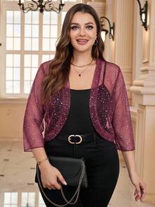 Reflora Plus Size Fashion Foil Mesh Cropped Jacket - Pink - View 4