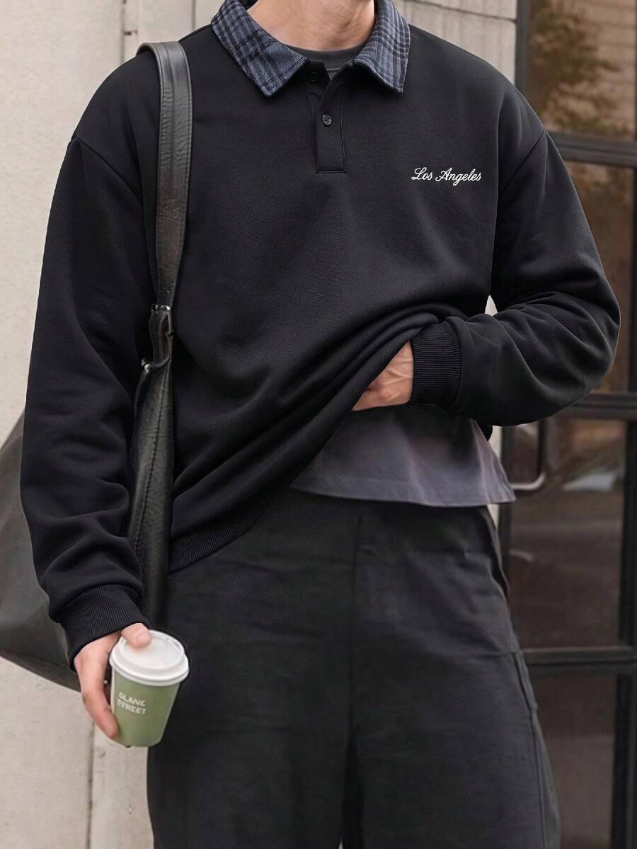 SWAVVY 男士休閒寬鬆版標準尺寸長袖運動衫 黑色刺繡 Polo 領 春秋款 - 黑色 - 查看 1