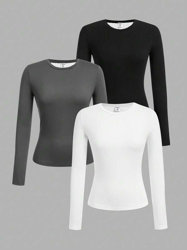 SHEIN Leap Crew 3pcs/Set Teen Girls' Casual Basic Black, White, Gray Fitted High Waist Cropped Long Sleeve T-Shirts, Suitable For Autumn/Winter