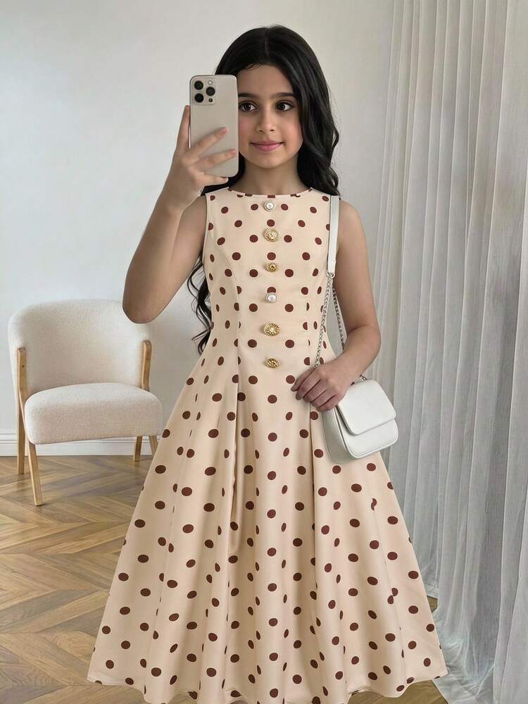 SHEIN Kids Tween Girls Elegant Kakhhi Brown Polka Dots Printed Dress Metal Button Decor Sleeveless Dress Back To School Party Dress - Khaki - View 14