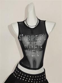 SHEIN ICON Y2k 夏季黑色网纱透视性感水钻亮片女士水钻字母网纱露背紧身吊带背心 - 黑色 - 查看 9