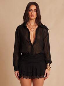 Silquee Fashionable Commute Solid Color Ruffle Mini Dress - Black - View 4