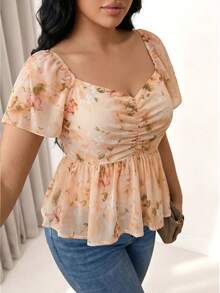 SHEIN Clasi Women's Plus Size Sweetheart Collar Ruffle Sleeve Ruched Waist Ruffle Hem Chiffon Print Elegant Blouse - Light Yellow - View 3