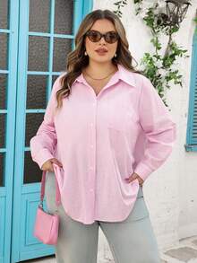 SHEIN CURVE+ Curve Size US22 音樂節海邊度假波希米亞風女款長袖休閒條紋襯衫，春夏女裝 - 粉色 - 查看 8