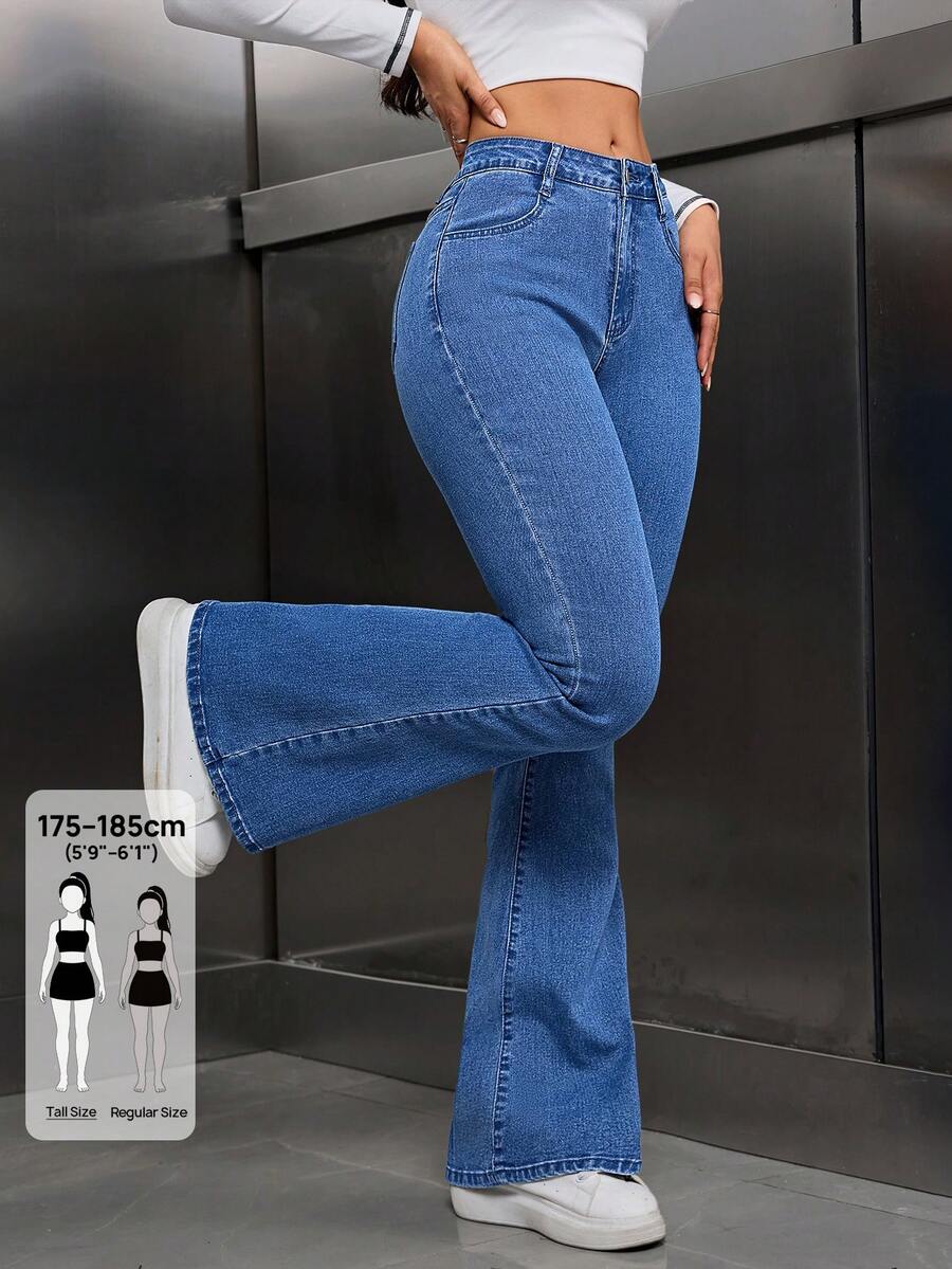 SHEIN Tall 女款純色口袋休閒百搭喇叭褲牛仔褲,適合高個女性 - 中等水洗藍 - 查看 1