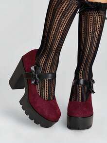 ROMWE Goth Women's Thick Sole Bow Decor Fashion High Heels - Burgundy - View 1