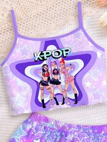 少女休閒簡約卡通女團印花 K-Pop 超級巨星 紮染細肩帶背心上衣與短褲家居套裝，適合夏季 - 彩色 - 查看 4