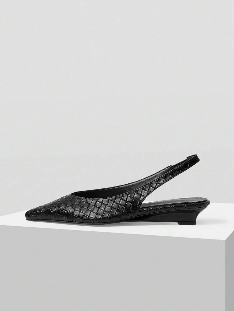 Mnmlis Women Shoes Simple Retro Weaving Craftsmanship Pointed Toe Thin Heel Low Heel Elegant Commute Black Rear Strap Women's Sandals Workplace Office Daily - Graphite Black - View 5