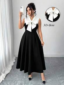 GlowEve CURVE Elegantes ärmelloses A-Linien-Midikleid in Große Größen mit Schleifenkragen und Farbblock, formelles Damenkleid für Party, Cocktailparty, Hochzeitsgast, schwarzes und weißes ärmelloses Schleifenkleid in Große Größen, elegantes A-Linien-Midikleid, geeignet für Party und Hochzeit - Schwarz und Weiss - Übersicht 1