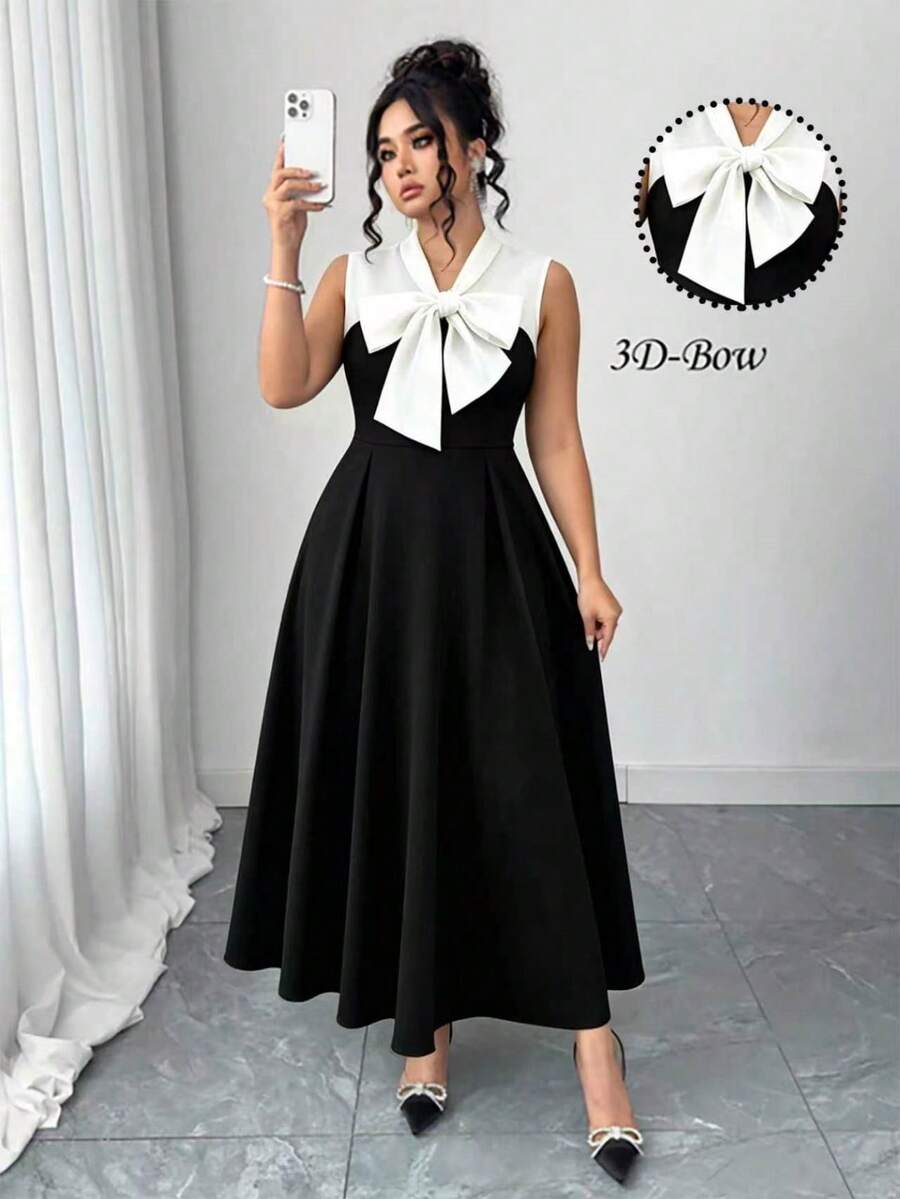 GlowEve CURVE Elegantes ärmelloses A-Linien-Midikleid in Große Größen mit Schleifenkragen und Farbblock, formelles Damenkleid für Party, Cocktailparty, Hochzeitsgast, schwarzes und weißes ärmelloses Schleifenkleid in Große Größen, elegantes A-Linien-Midikleid, geeignet für Party und Hochzeit - Schwarz und Weiss - Übersicht 1