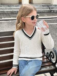 SHEIN Serisse Kids 青少年女孩优雅纹理 V 领长袖修身毛衣，适合日常、周末、休闲外出、返校穿着 - 白色 - 查看 2