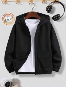 SHEIN 兒童青少年男孩休閒連帽多功能黑色工裝口袋夾克外套，適合通勤、上學、日常休閒外出、運動，秋冬穿著 - 黑色 - 查看 2
