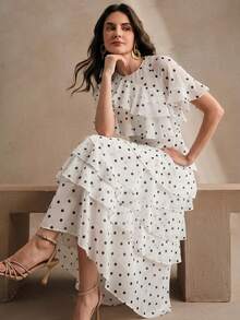 Anewsta Novo Vestido de Praia de Verão Feminino, Vestido de Chiffon Azul com Babados Multicamadas e Fenda Assimétrica, Saia Romântica Fluida - Branco - Visão 1