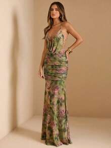 SHEIN BAE 女士春夏印花深V领露背鱼尾连衣裙，碎花连衣裙，度假连衣裙，优雅连衣裙 - 綠色 - 查看 5