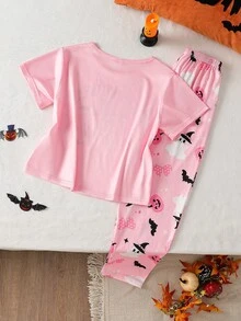 Tween Girl Letter Print Short Sleeve Top And Pants Pajama Set - Pink - View 2