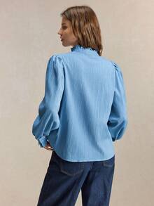 BizChic Fall Light Blue Shirt, Ruffle Collar, Front Pleats, Back To School, Church, Office, Special Occasions, Elegant French Style, Halloween, Birthday - Blue - View 3