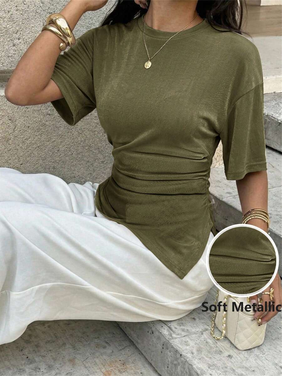 Aloruh 女款優雅圓領不對稱下擺收腰針織彈性短袖T恤 - 軍綠色 - 查看 1