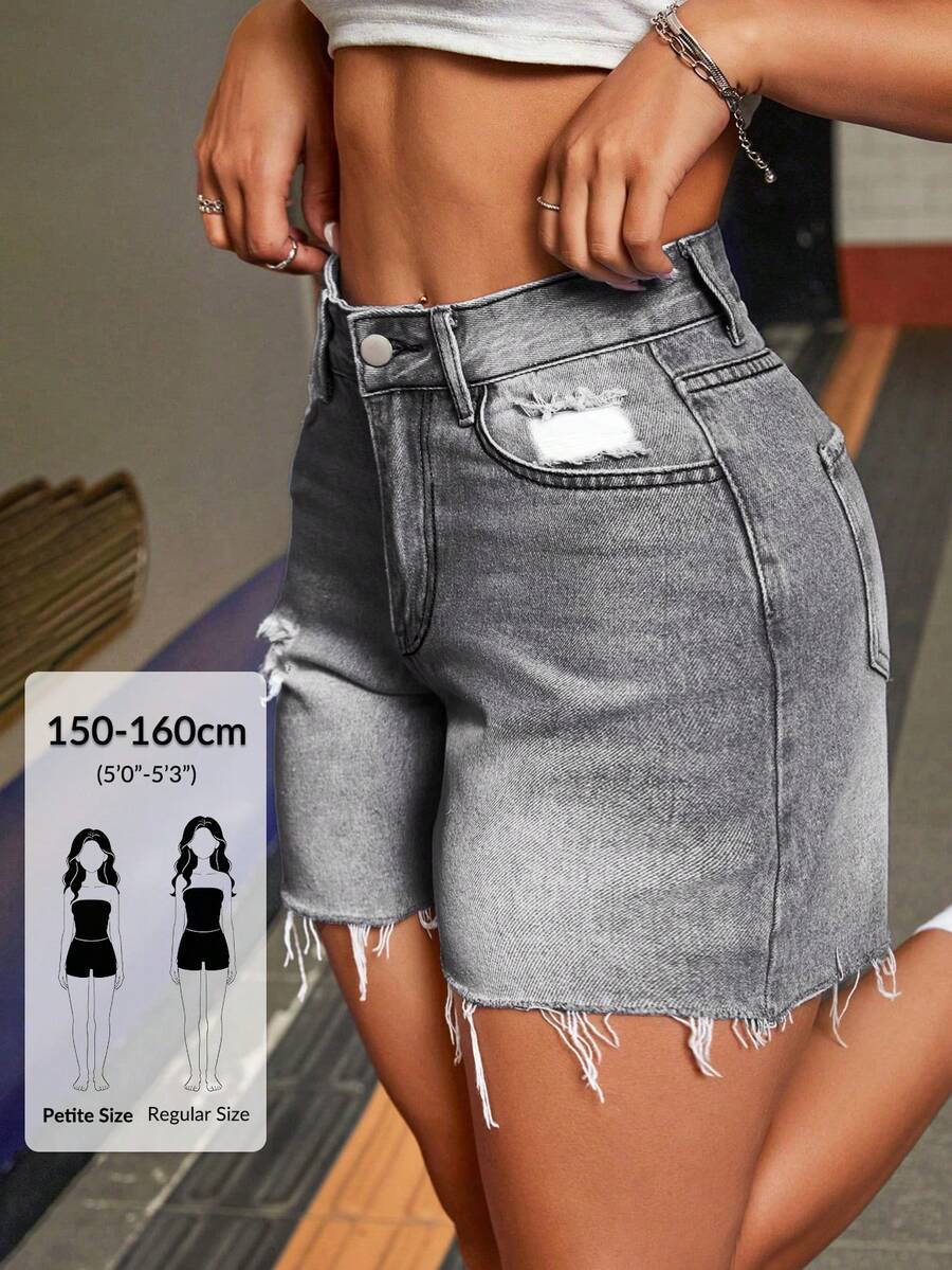 SHEIN PETITE 女款時尚牛仔短褲,適合夏季城市度假輕灰色街頭穿搭,小碼女性 - 淺灰色 - 查看 1