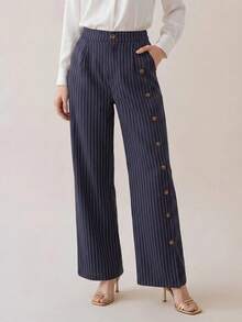SHEIN x Rafa Kalimann Uhlyne Uhlyne Celana Panjang Wanita Motif Garis-garis dengan Kancing dan Saku, Cocok untuk Pakaian Sehari-hari Saat Berpergian, Cocok untuk Musim Semi/Gugur - Biru - View 2