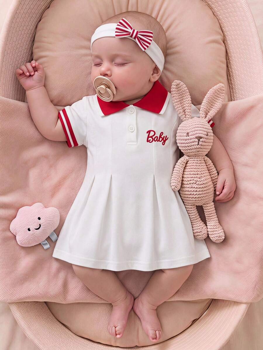 SHEIN 粉色新生女嬰夏季可愛開學 Polo 領短袖刺繡 A 字前扣公主風軟綿日常洋裝