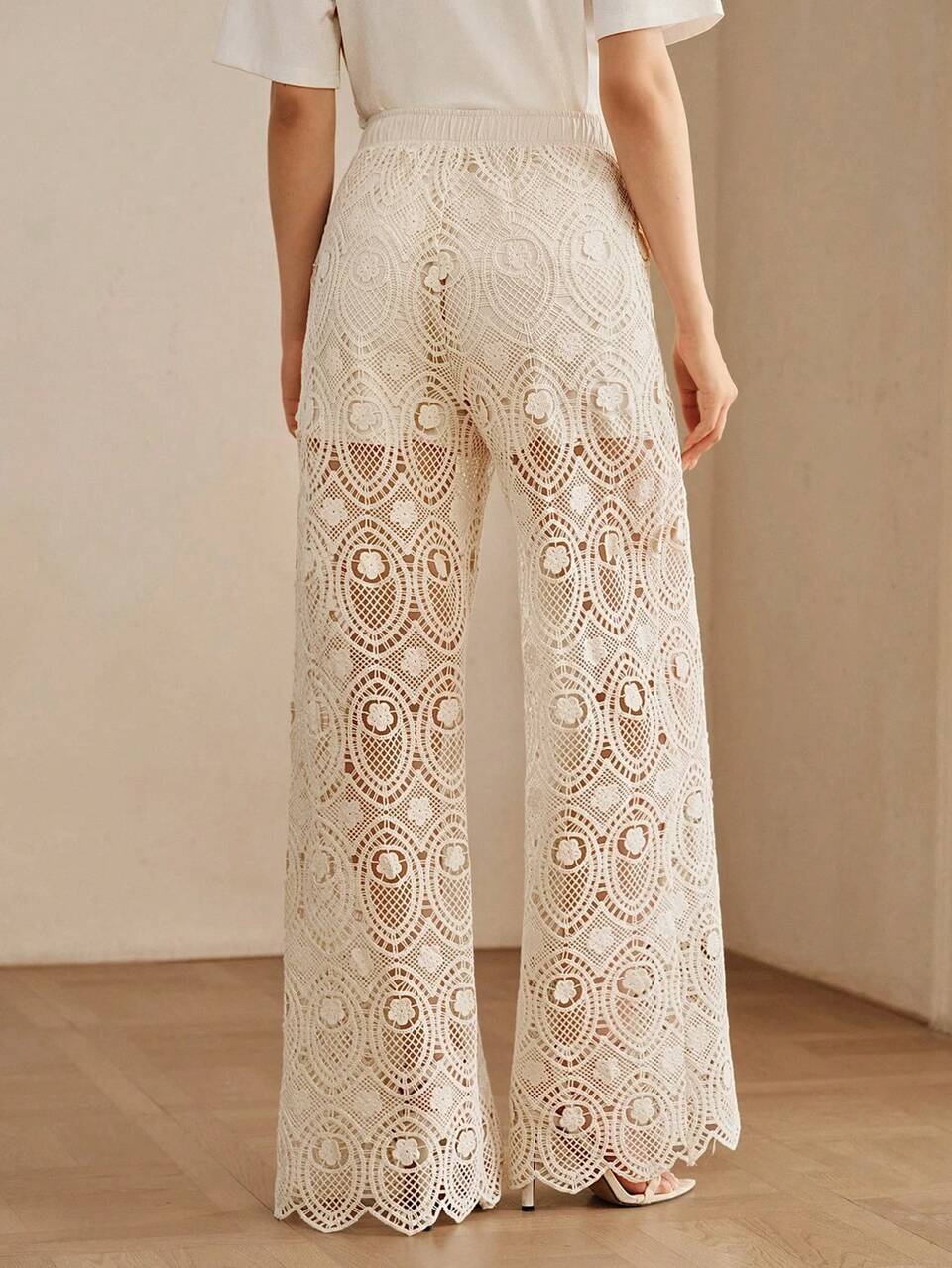 Anewsta Elegant Romantic Hollow Design Beach Vacation Style Long Pants, Vacation Outfits Women, Work Outfits For Women, Yellow