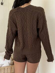 Autumina Vintage Casual Argyle Knit Dark Brown Sweater 2 Pieces Set Brunch Autumn - Coffee Brown - View 2