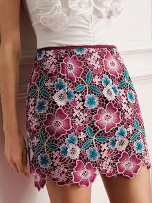 Zanirela Autumn Purple Floral Colorblock French Luxury Heavy Embroidery Hollow Lace High Waist Women's Positioned Trim Skirt Romantic Elegant Vintage Wedding - Burgundy - View 1