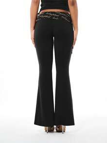 BABYPHAT Fold Over Printed Waist Flare Leggings With Logo Script Detail And Side Tie Strings - Black - View 2