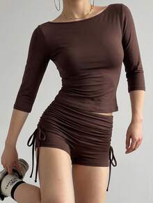 Glamine Women's Solid Chocolate Brown Ribbed Knit Two Piece Outfit, Minimal Y2K Off Shoulder Top With Double Side Drawstring Ruched Shorts Graduation Season. - Brown - View 9