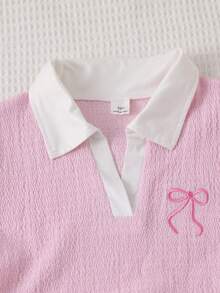 Tween Girls 8-12Y 2Pcs Pink Textured Set, Contrast White Collar V Neck Long Sleeve Top Wi - Baby Pink - View 8