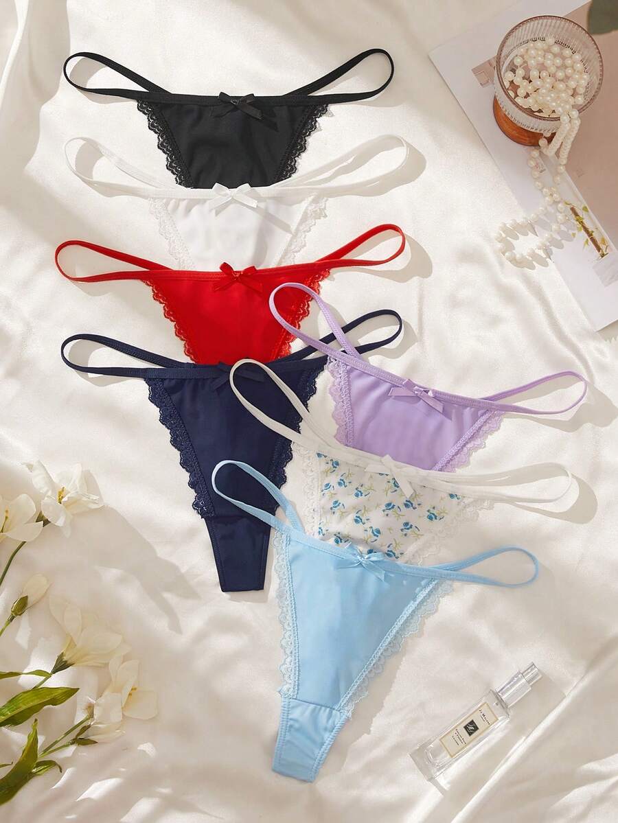 SHEIN 女款蕾絲拼接丁字褲 7 件組 - 彩色 - 查看 1