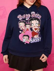 Betty Boop x SHEIN Plus Size Casual Fashionable Versatile Loose Drop Shoulder Drawstring Sweatshirt, Y2K Gradient Cartoon Print, Navy Blue, For Women In Autumn Winter Fall - Blue - View 5