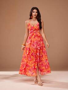 Glamance Floral Print Deep V-Neck Ruffle Hem High Slit Hollow Out Long Dress, Elegant Mature Casual Daily Party Wedding Guest Bridesmaid Birthday Vacation - Burnt Orange - View 6
