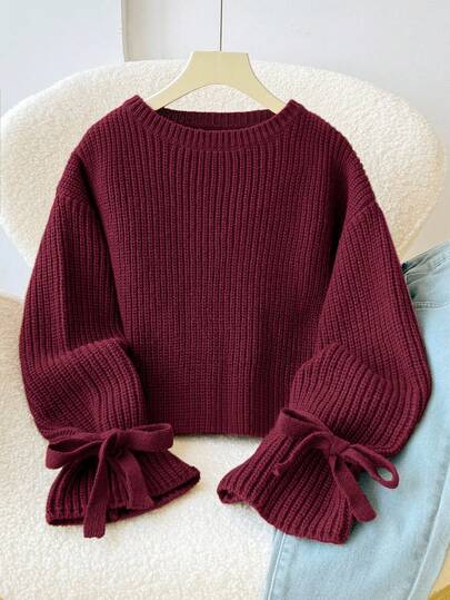 SHEIN Young Girl Young Girl Loose Casual Minimalist Comfortable Round Neck Sleeve Tie Decoration Autumn Winter Sweater