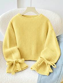 SHEIN 青少年女孩秋冬針織羅紋袖口蝴蝶結鬆身套頭毛衣 - 黃色 - 查看 1