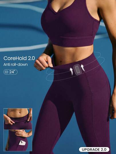 GLOWMODE 24" FeatherFit™-Sculpt Sweat-O-Clock 緊身防捲腹部收腹無前縫側口袋運動褲，適合低強度訓練、跑步、健身房運動