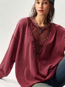 Bohemela Casual Grunge Solid Color Knit Round Neck Long Sleeve Loose Washed Women's Sweatshirt Concert Burgundy Autumn - Burgundy - View 1