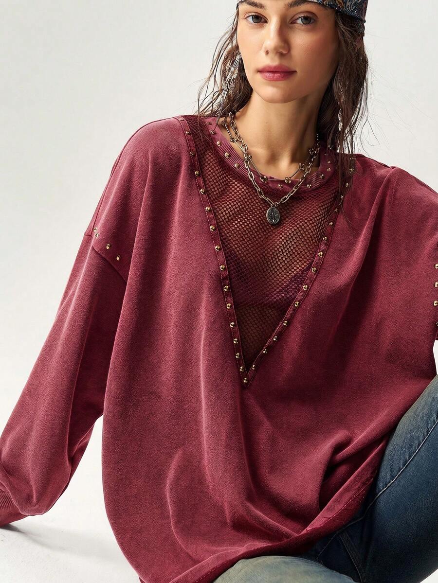 Bohemela Casual Grunge Solid Color Knit Round Neck Long Sleeve Loose Washed Women's Sweatshirt Concert Burgundy Autumn - Burgundy - View 1