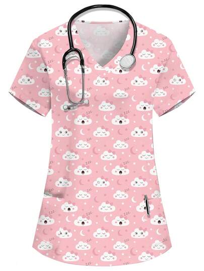 PopScrub Atasan Seragam Kerja Perawat/Dokter Lengan Pendek Leher V dengan Dua Saku dan Motif Awan Lucu, Seragam Pemeriksaan Kesehatan/Operasi, Seragam Kerja Ahli Gizi Kecantikan, Seragam Laboratorium, Pakaian Kerja Fungsional untuk Liburan, Atasan Wanita Musim Panas