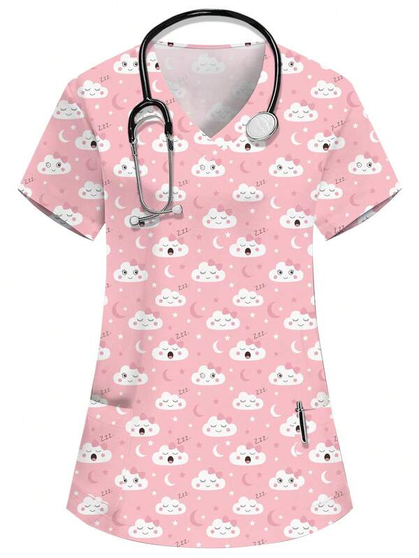 PopScrub V-Neck Short Sleeve Double Pocket Cute Cloud Print Pattern Nurse Doctor Work Uniform Top, Health Check-Up Surgery Uniform, Beauty Nutritionist Work Uniform, Lab Uniform, Functional Holiday, Summer Women's Top