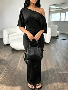 Rovax Sexy Asymmetric Neck Ruched Waist Bodycon Long Dress For Women - Black - View 4