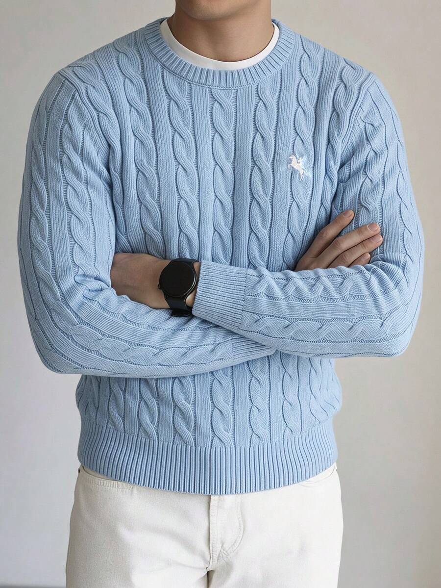 SWAVVY Men's Fashion Casual Daily Loose Knit Long Sleeve Cable Knit Sweater, For Fall, Winter, Spring - Baby Blue - View 1